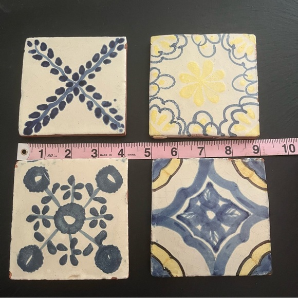 Mexican Hand Painted Terra-Cotta Talavera Vintage Tiles Set of 4 - Picture 12 of 14